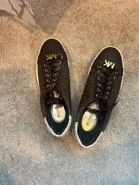 Michael Kors Dark Brown Logo-Print Low-Top Sneakers with Gold MK